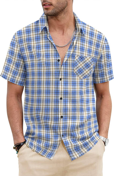 Classic Short Sleeve Plaid Cotton Shirts with Pocket (US Only) Shirts COOFANDY Store Blue S 