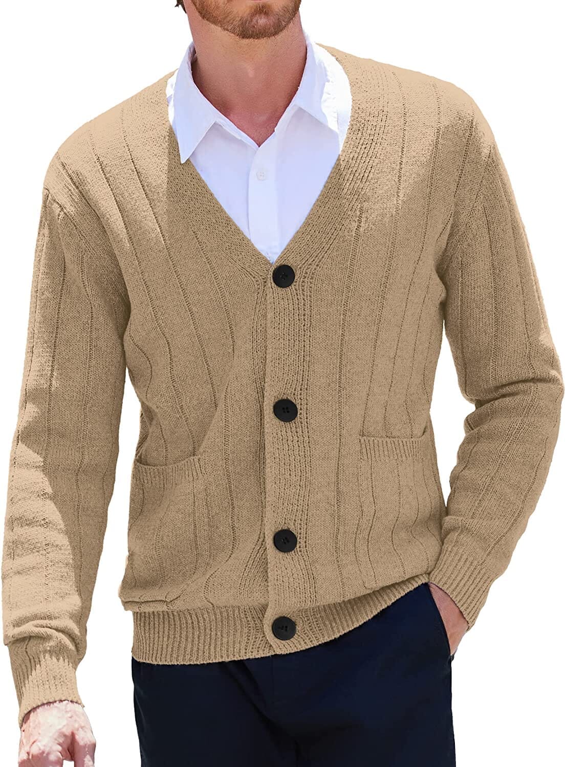 Cardigan Knit V Neck Button up Sweaters (US Only) Sweaters COOFANDY Store Khaki S 