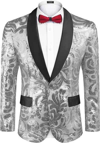 Shiny Sequins Blazer Floral Blazer (US Only) Blazer COOFANDY Store Silver S 