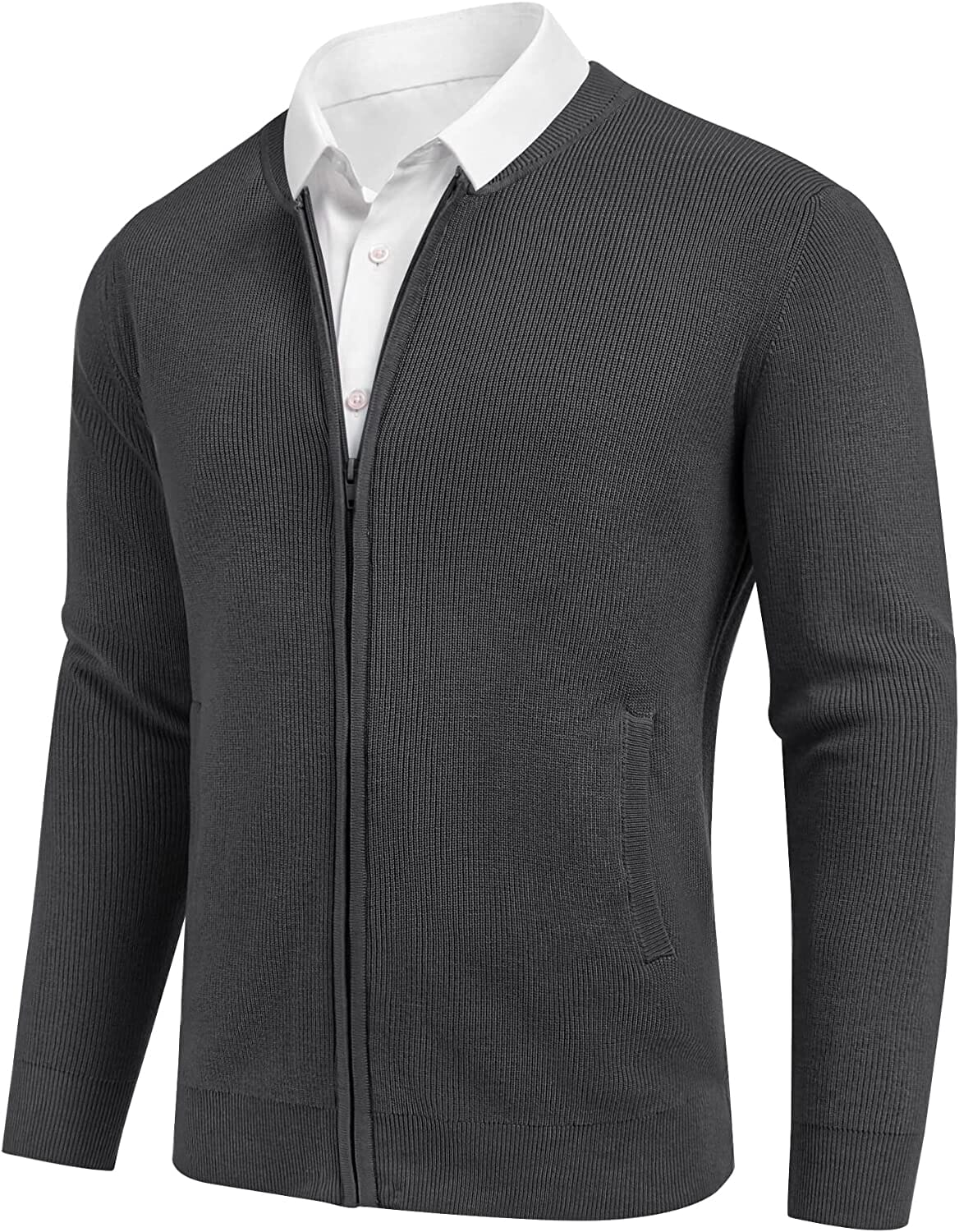 Full Zip Slim Fit Stylish Knitted Cardigan Sweater with Pockets (US Only) Sweaters COOFANDY Store Solid Dark Grey S 