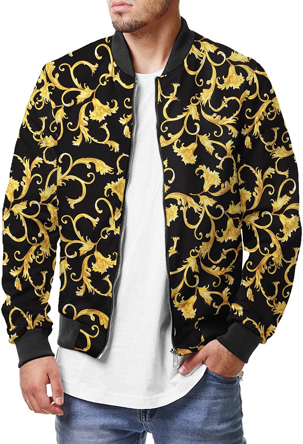 Casual Soft Shell Flight Windbreaker Coat (US Only) Jackets COOFANDY Store Black/Gold Floral S 