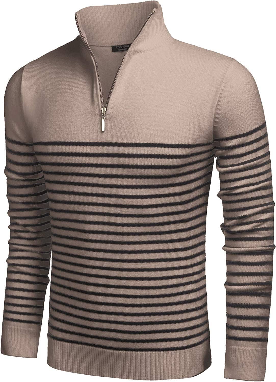 Striped Zip Up Mock Neck Pullover Sweaters (US Only) Sweaters COOFANDY Store Khaki S 