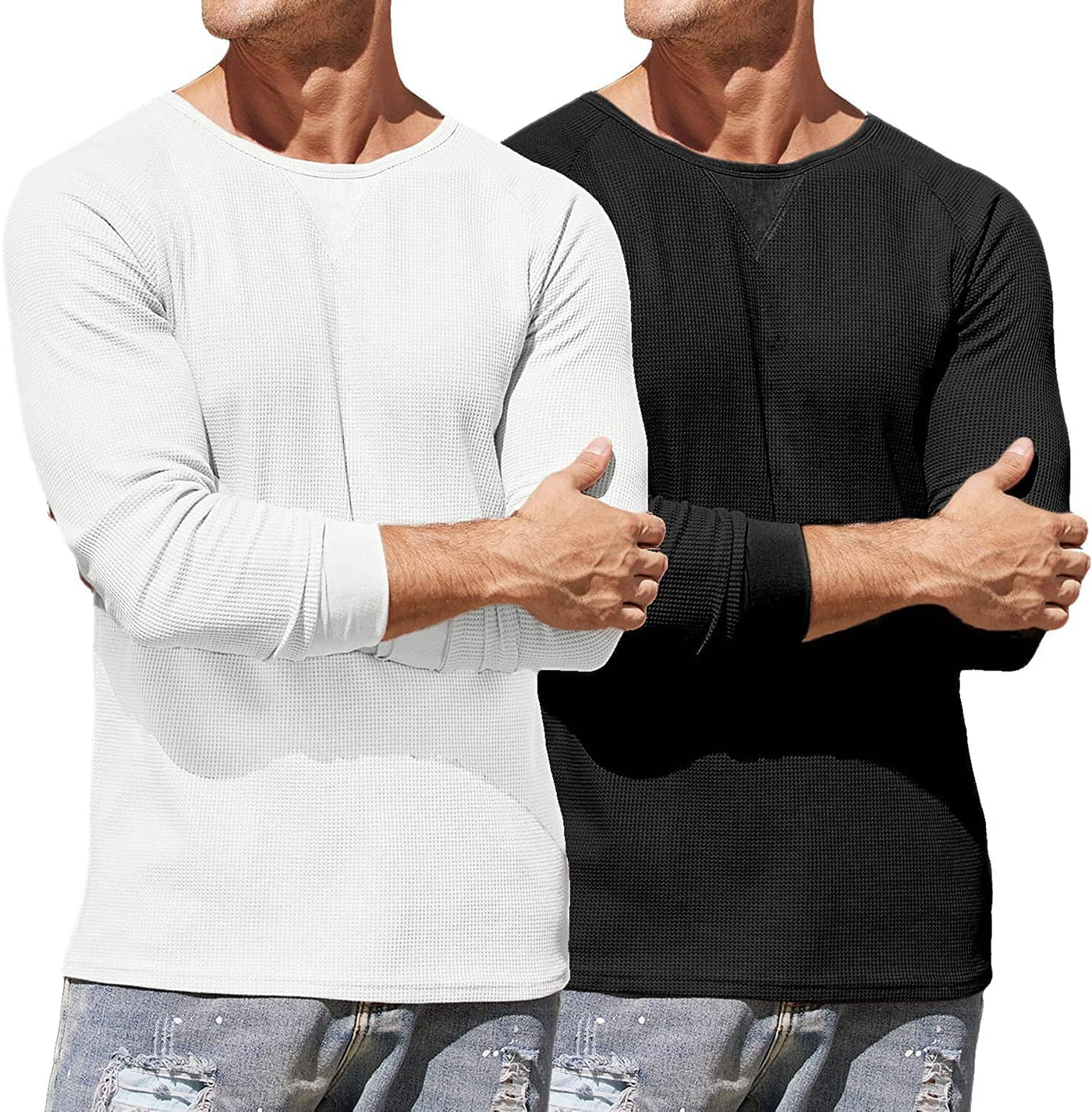 2 Pack Waffle Long Sleeve Cotton T-Shirt (US Only) T-Shirt COOFANDY Store Black/White S 