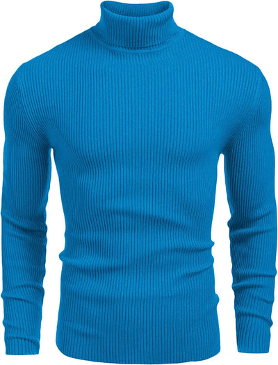 Ribbed Slim Fit Knitted Pullover Turtleneck Sweater (US Only) Sweaters COOFANDY Store Blue S 