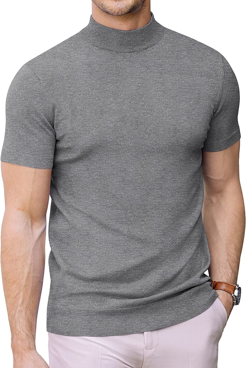 (Us Only) Turtleneck Basic Slim Fit Knitted Short Sleeve Sweater Sweaters Coofandy's Grey S 