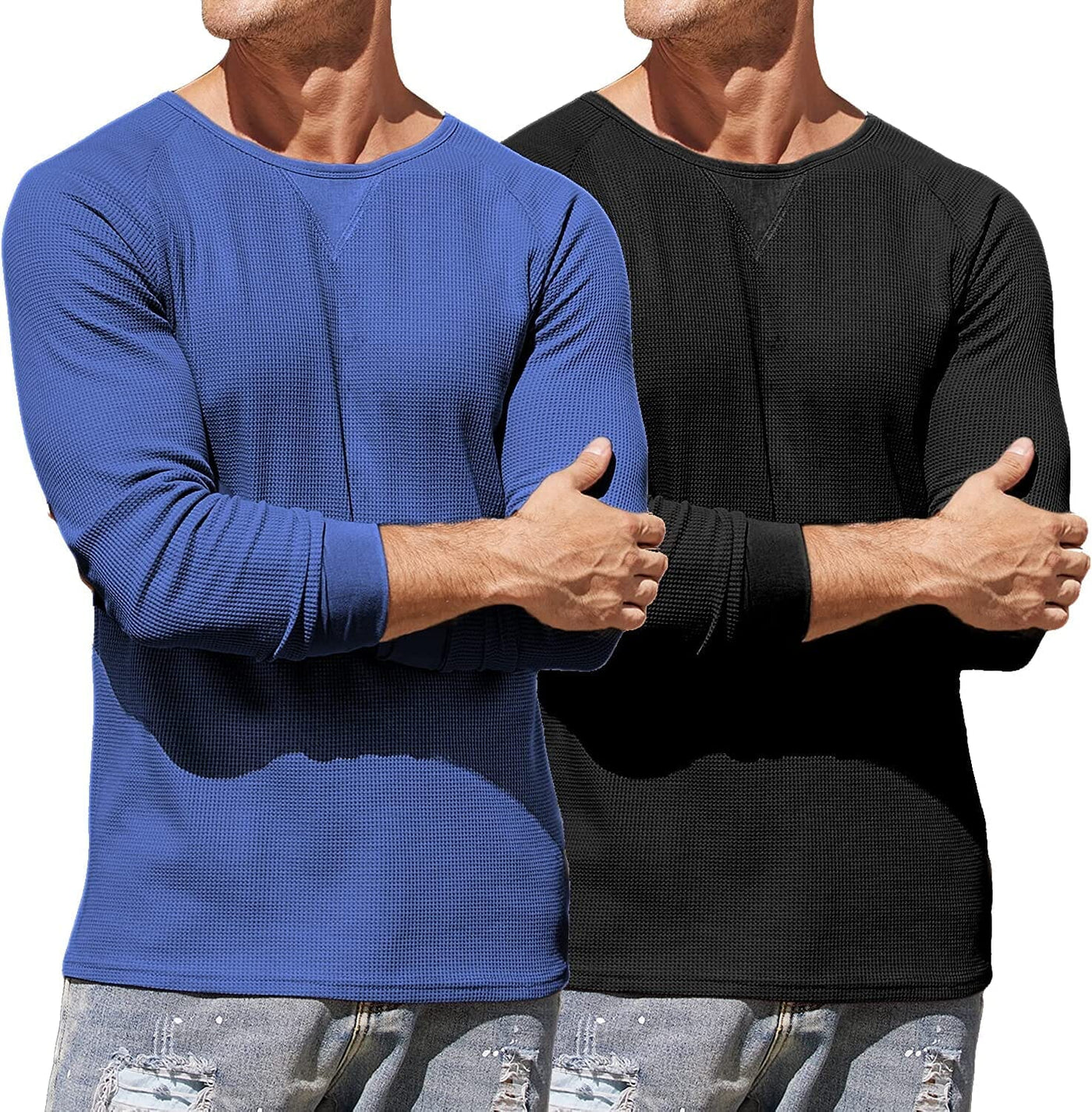 2 Pack Waffle Long Sleeve Cotton T-Shirt (US Only) T-Shirt COOFANDY Store Blue/Black S 