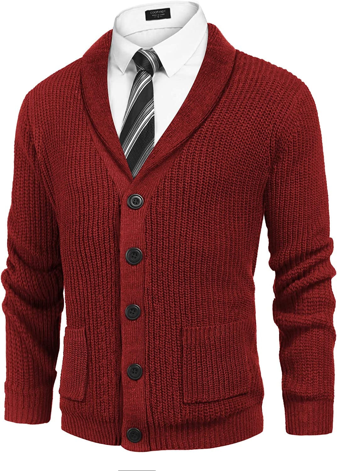 Lapel Button Up Cable Knit Cardigan with Pockets (US Only) Cardigans COOFANDY Store Wine Red S 