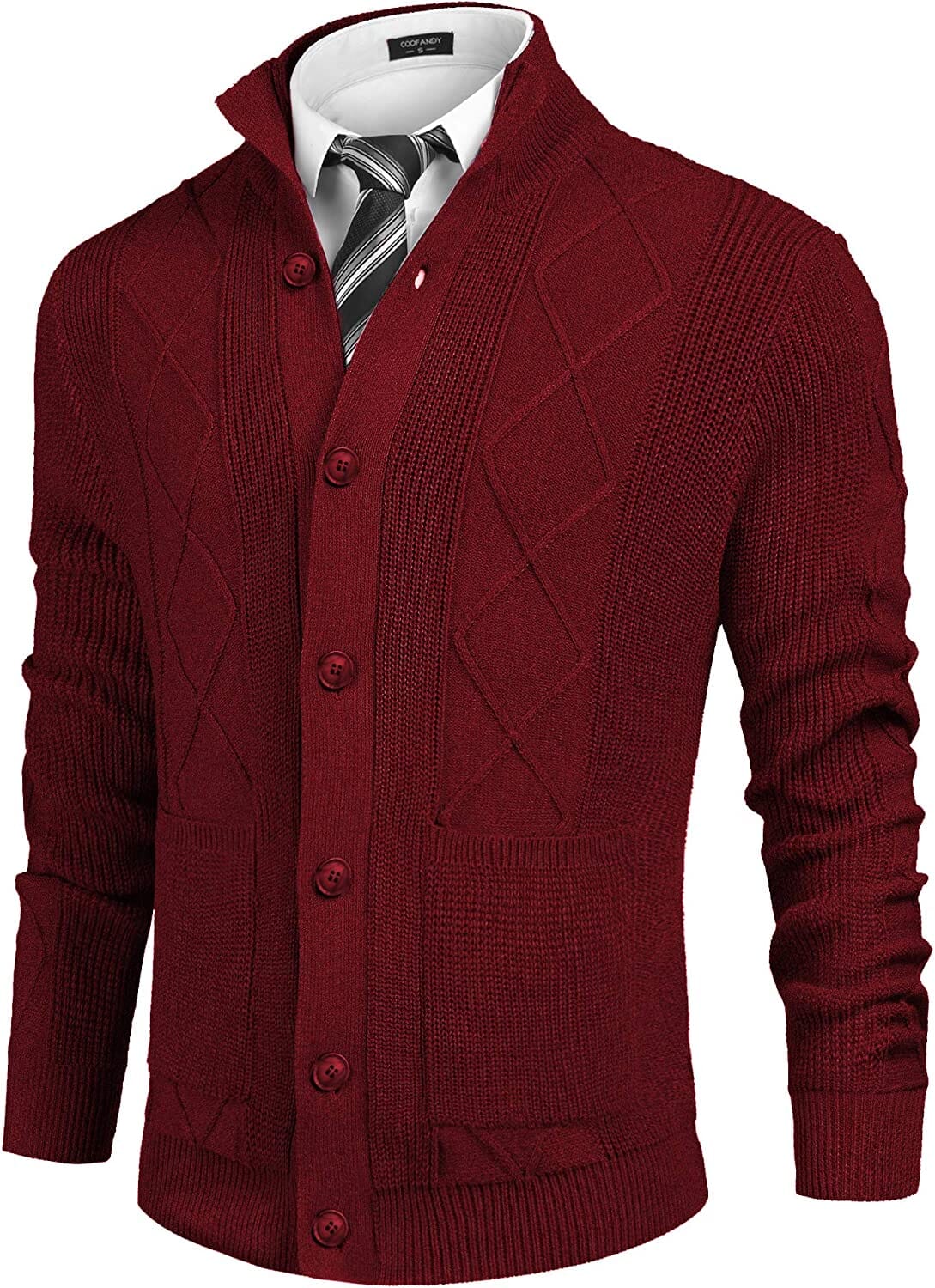 Casual Stand Collar Button Down Cardigan with Pockets (US Only) Cardigans COOFANDY Store Wine Red S 