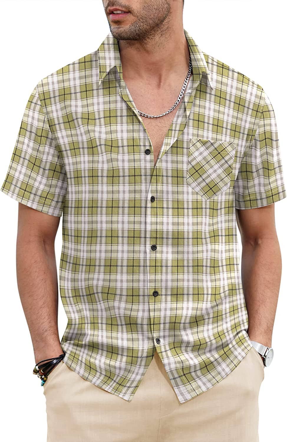 Classic Short Sleeve Plaid Cotton Shirts with Pocket (US Only) Shirts COOFANDY Store Khaki S 