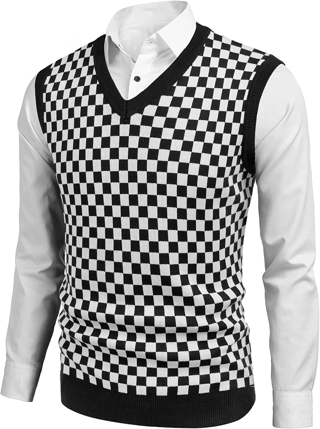 Solid V-Neck Sleeveless Knitted Vest (US Only) Vest COOFANDY Store Plaid Black M 