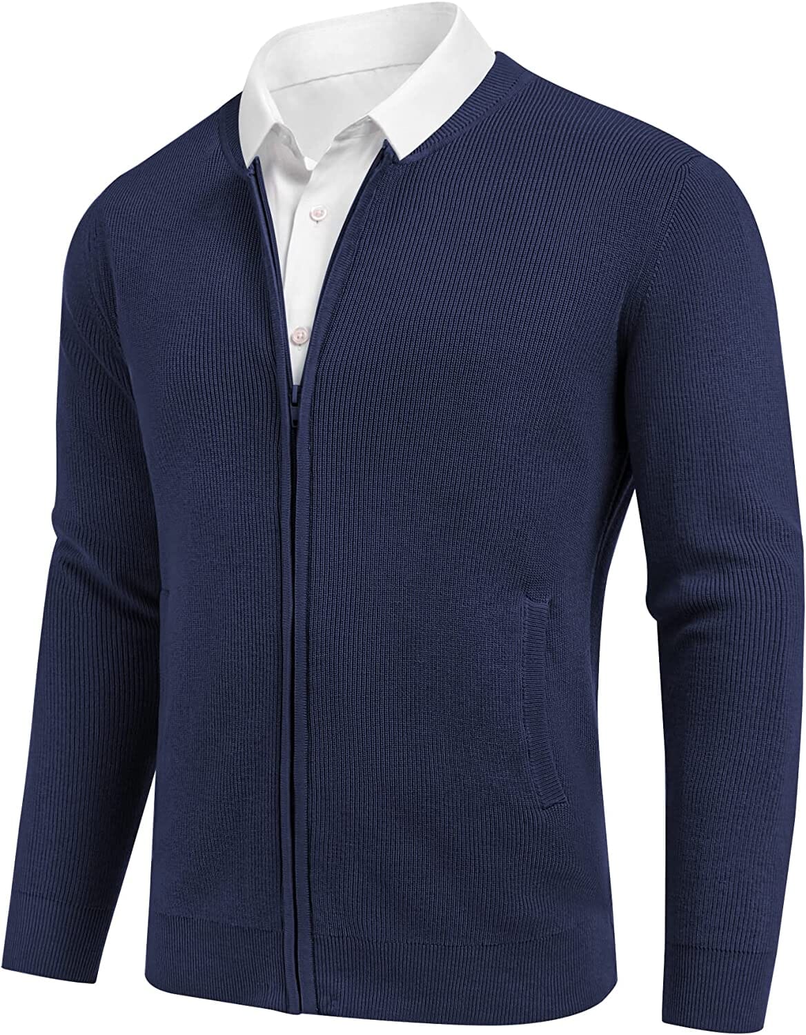 Full Zip Slim Fit Stylish Knitted Cardigan Sweater with Pockets (US Only) Sweaters COOFANDY Store Solid Navy Blue S 