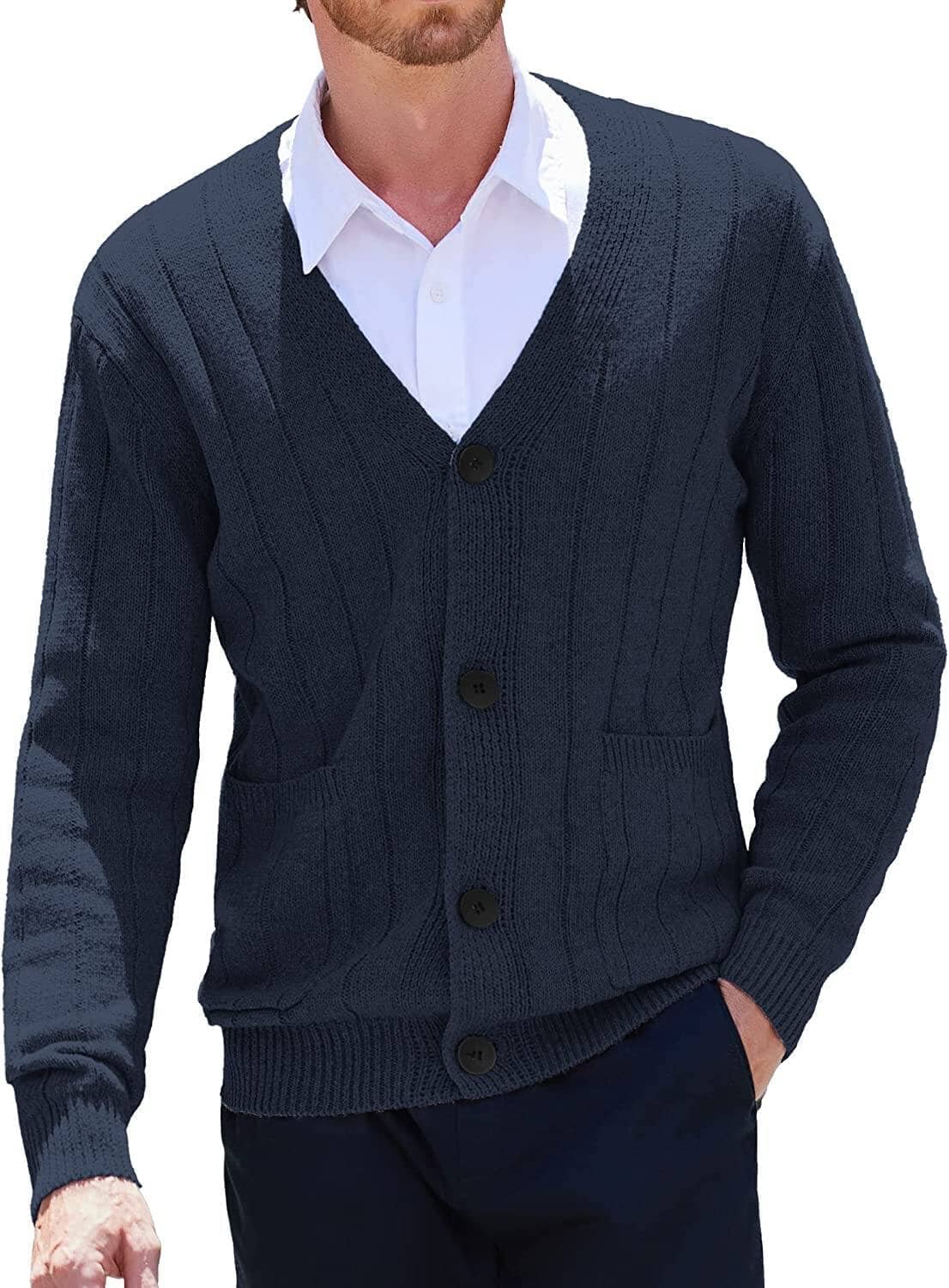 Cardigan Knit V Neck Button up Sweaters (US Only) Sweaters COOFANDY Store Navy Blue S 