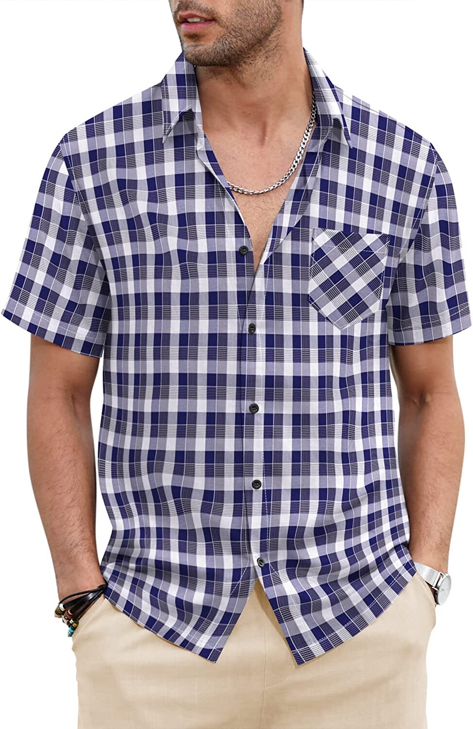 Classic Short Sleeve Plaid Cotton Shirts with Pocket (US Only) Shirts COOFANDY Store Navy Blue L 