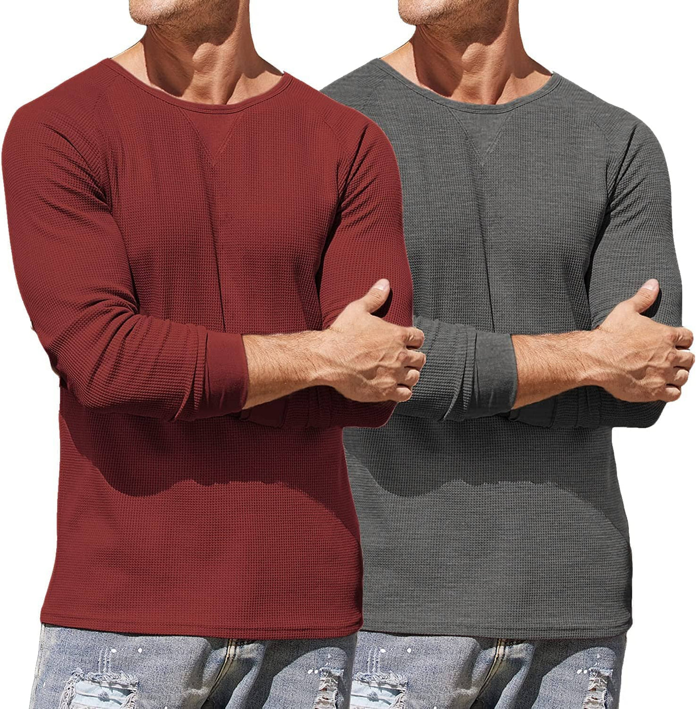 2 Pack Waffle Long Sleeve Cotton T-Shirt (US Only) T-Shirt COOFANDY Store Dark Grey/Wine Red S 