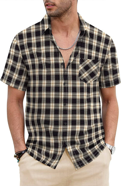 Classic Short Sleeve Plaid Cotton Shirts with Pocket (US Only) Shirts COOFANDY Store Brown S 