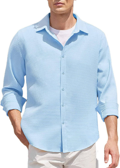 Casual Waffle Button Down Wrinkle Free Shirt (US Only) Shirts COOFANDY Store Light Blue S 