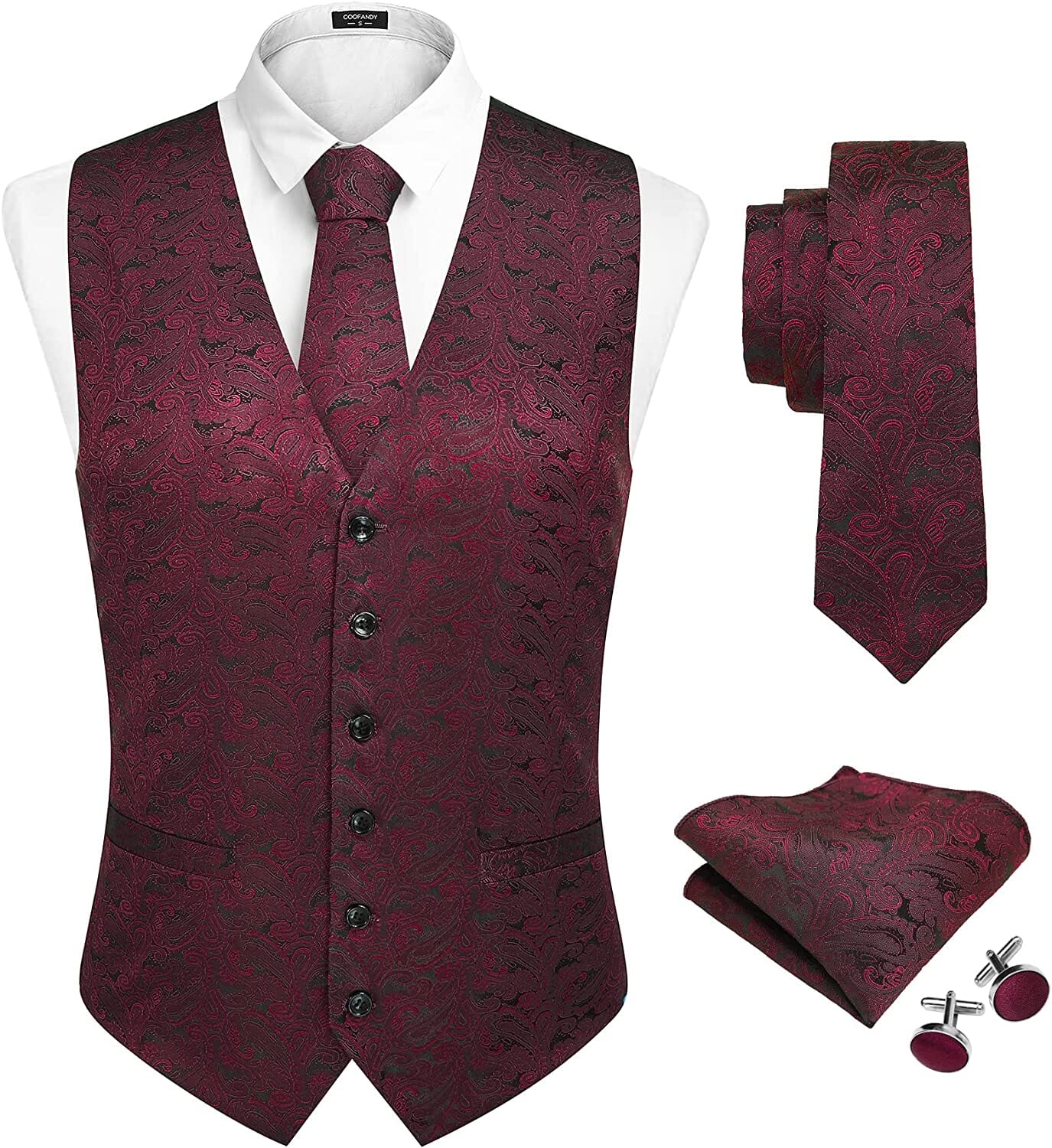 Floral Vest 4Pcs Suit (US Only) Vests COOFANDY Store Wine Red M 