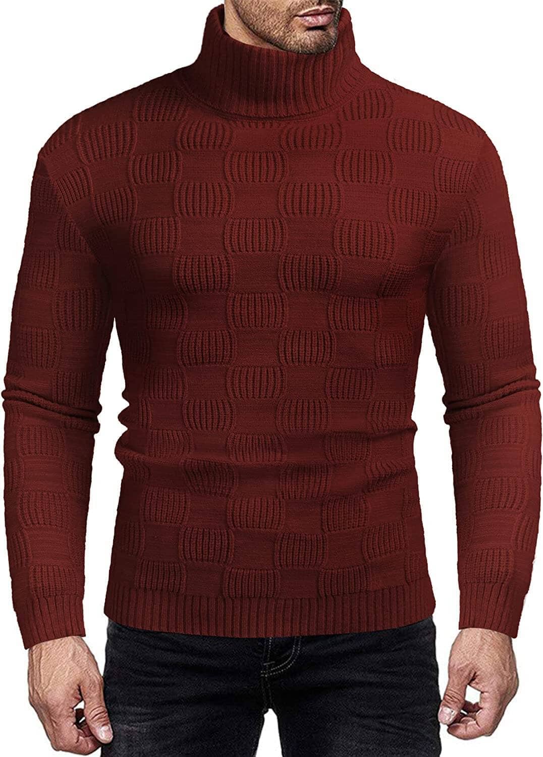 Men's Knitted Turtleneck Sweater Plaid Hightneck Long Sleeve Sweater (US Only) Sweaters COOFANDY Store Wine Red S 