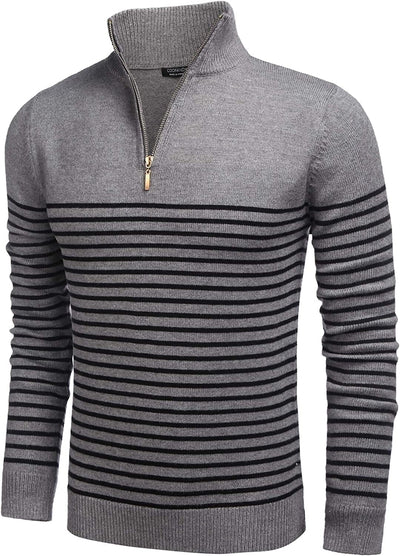 Striped Zip Up Mock Neck Pullover Sweaters (US Only) Sweaters COOFANDY Store Grey S 