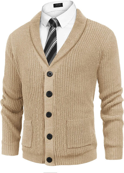 Lapel Button Up Cable Knit Cardigan with Pockets (US Only) Cardigans COOFANDY Store Khaki S 