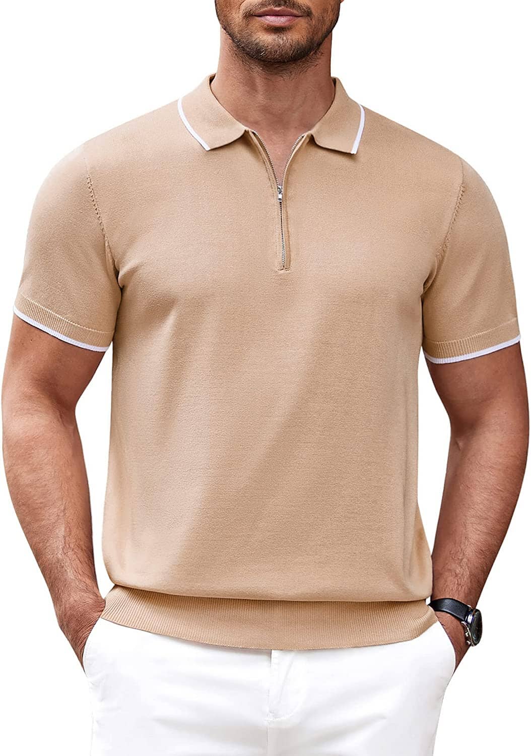 Classic Zipper Short Sleeve Polo Shirt (US Only) Polos COOFANDY Store Light Tan S 