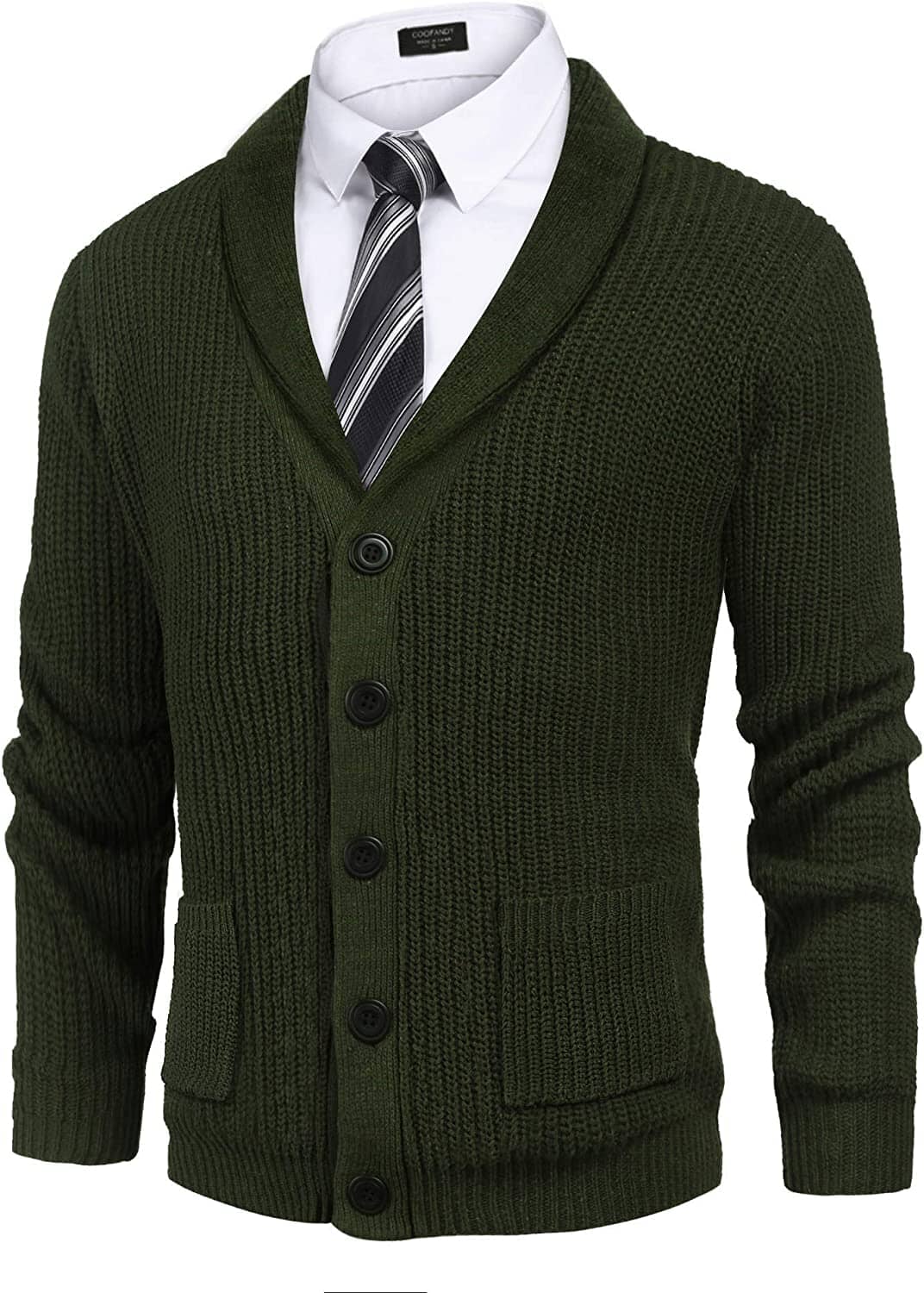Lapel Button Up Cable Knit Cardigan with Pockets (US Only) Cardigans COOFANDY Store Army Green S 