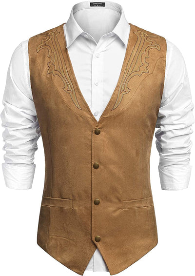 Western Suede Leather Vest Suit (US Only) Vest Coofandy's Khaki S 