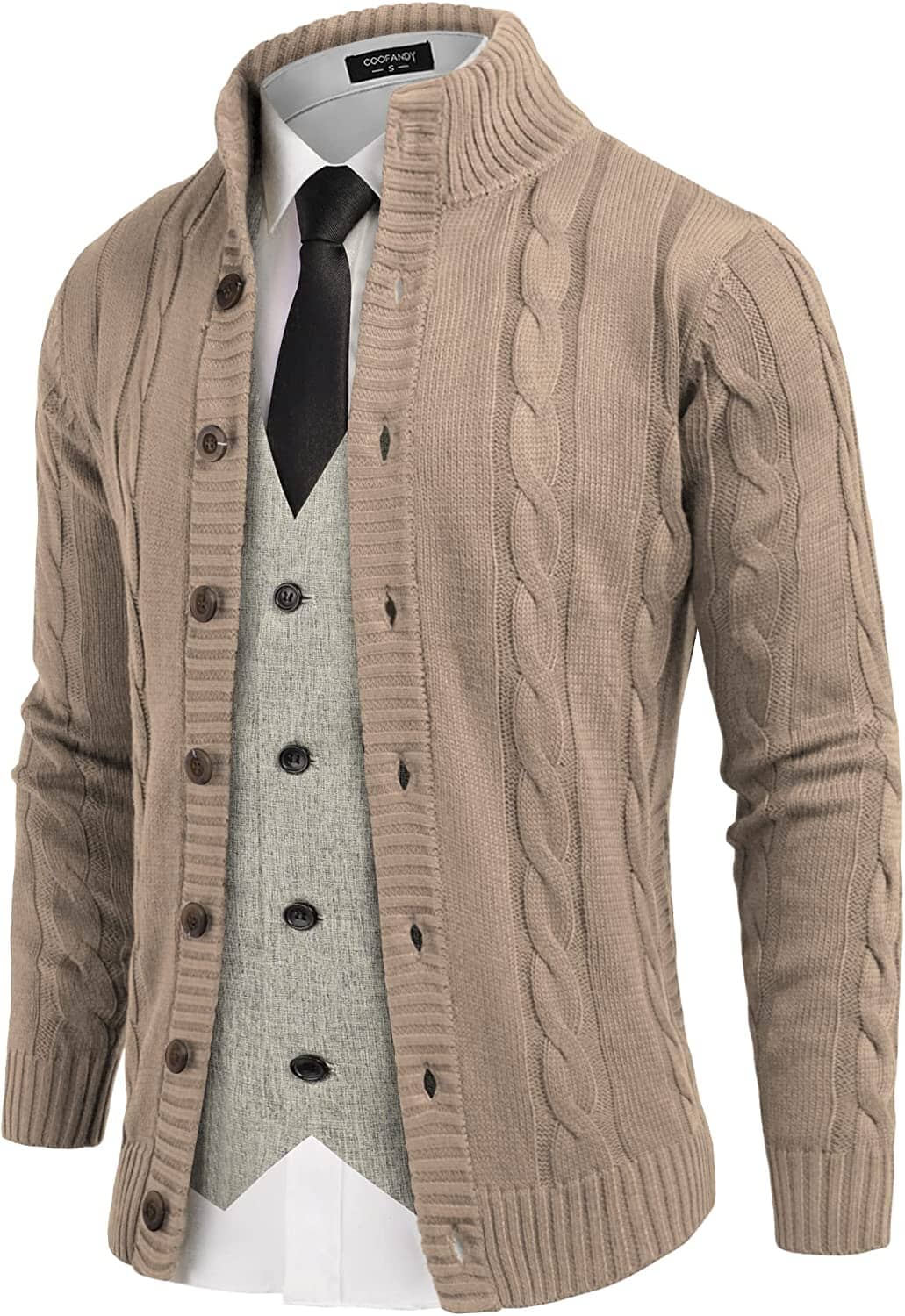 Coofandy Cardigan Cable Knitted Button Down Sweater (US Only) Sweaters COOFANDY Store Khaki S 