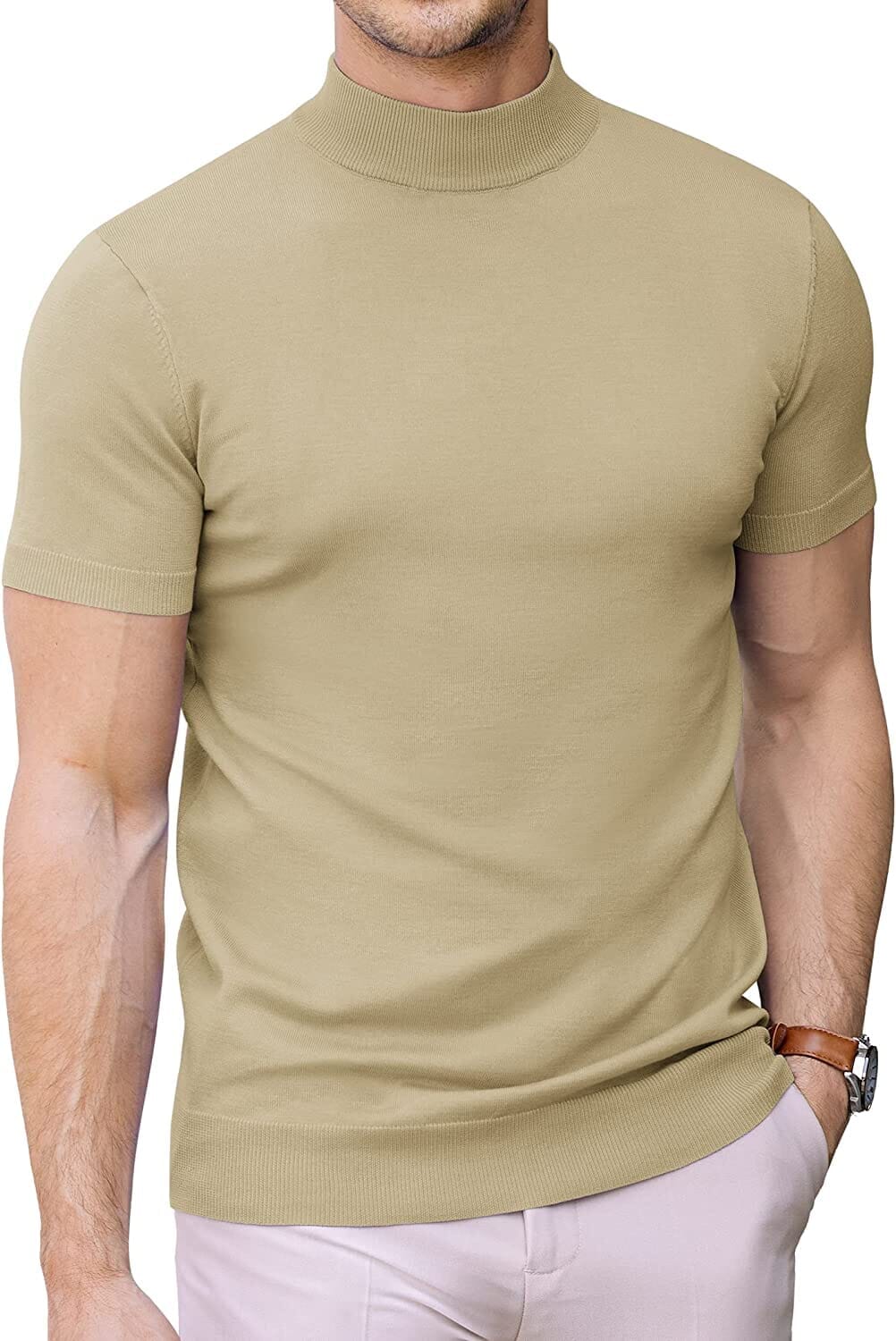 (Us Only) Turtleneck Basic Slim Fit Knitted Short Sleeve Sweater Sweaters Coofandy's Light Khaki S 
