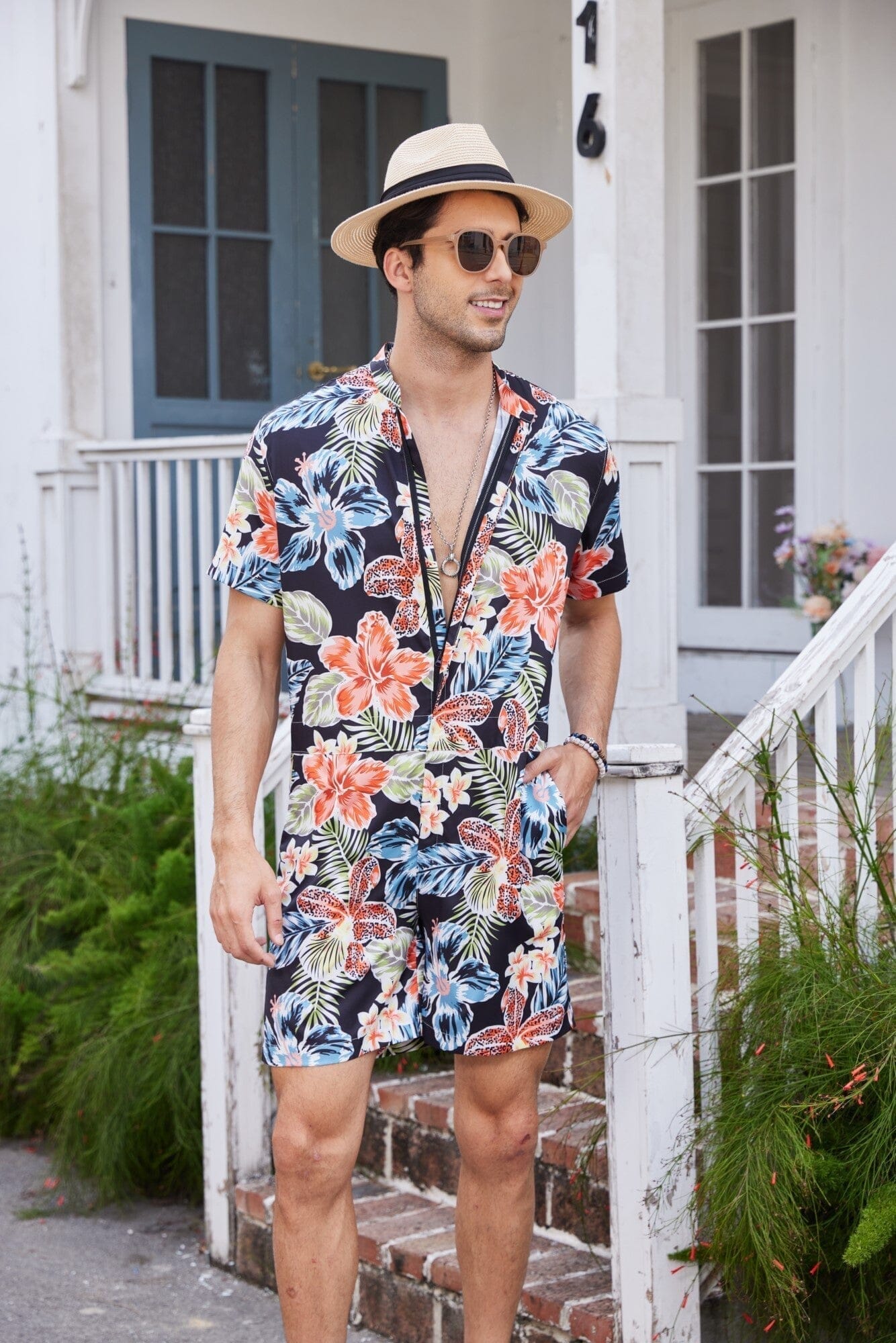 COOFANDY Men's One Piece Rompers Short Sleeve Hawaiian Floral Shirt Zipper Jumpsuit  Shorts Casual Beach Playsuit with Pockets Black-leaves X-Large