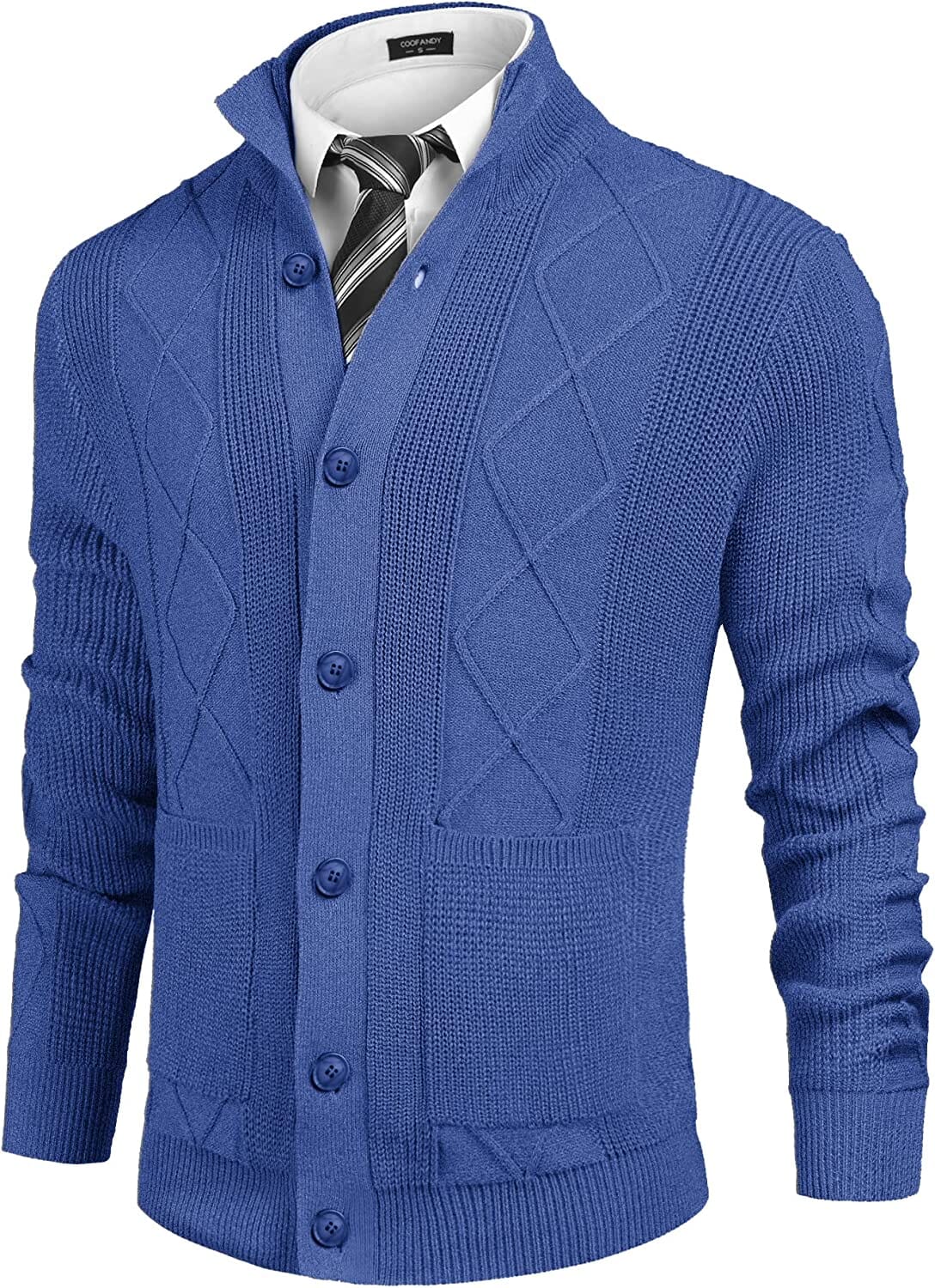 Casual Stand Collar Button Down Cardigan with Pockets (US Only) Cardigans COOFANDY Store Blue S 