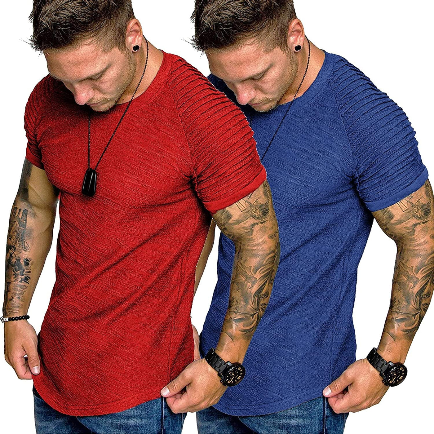 2 Packs Pleats Sleeve Muscle Gym Tee (US Only) T-Shirt COOFANDY Store Ponceau/Blue S 