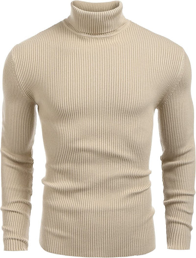 Ribbed Slim Fit Knitted Pullover Turtleneck Sweater (US Only) Sweaters COOFANDY Store Khaki S 