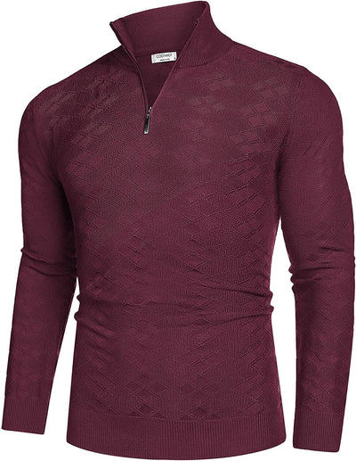 Quarter Zippper Mock Neck Pullover Sweater (US Only) Sweaters COOFANDY Store Wine Red S 