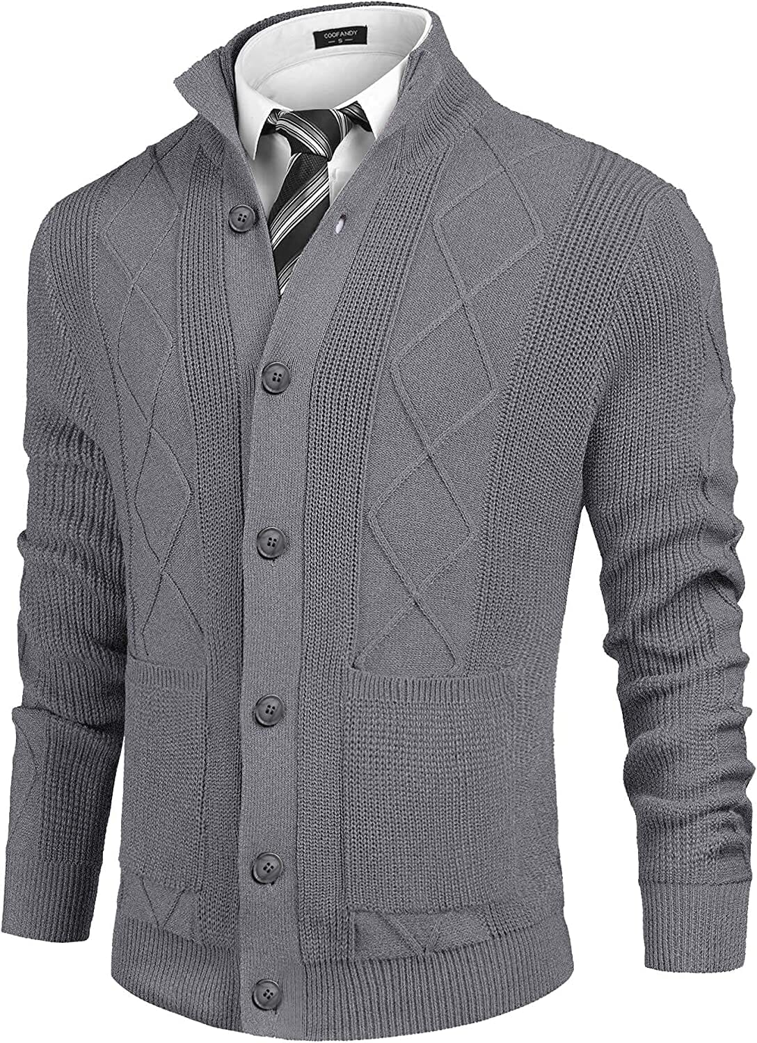 Casual Stand Collar Button Down Cardigan with Pockets (US Only) Cardigans COOFANDY Store Gray S 