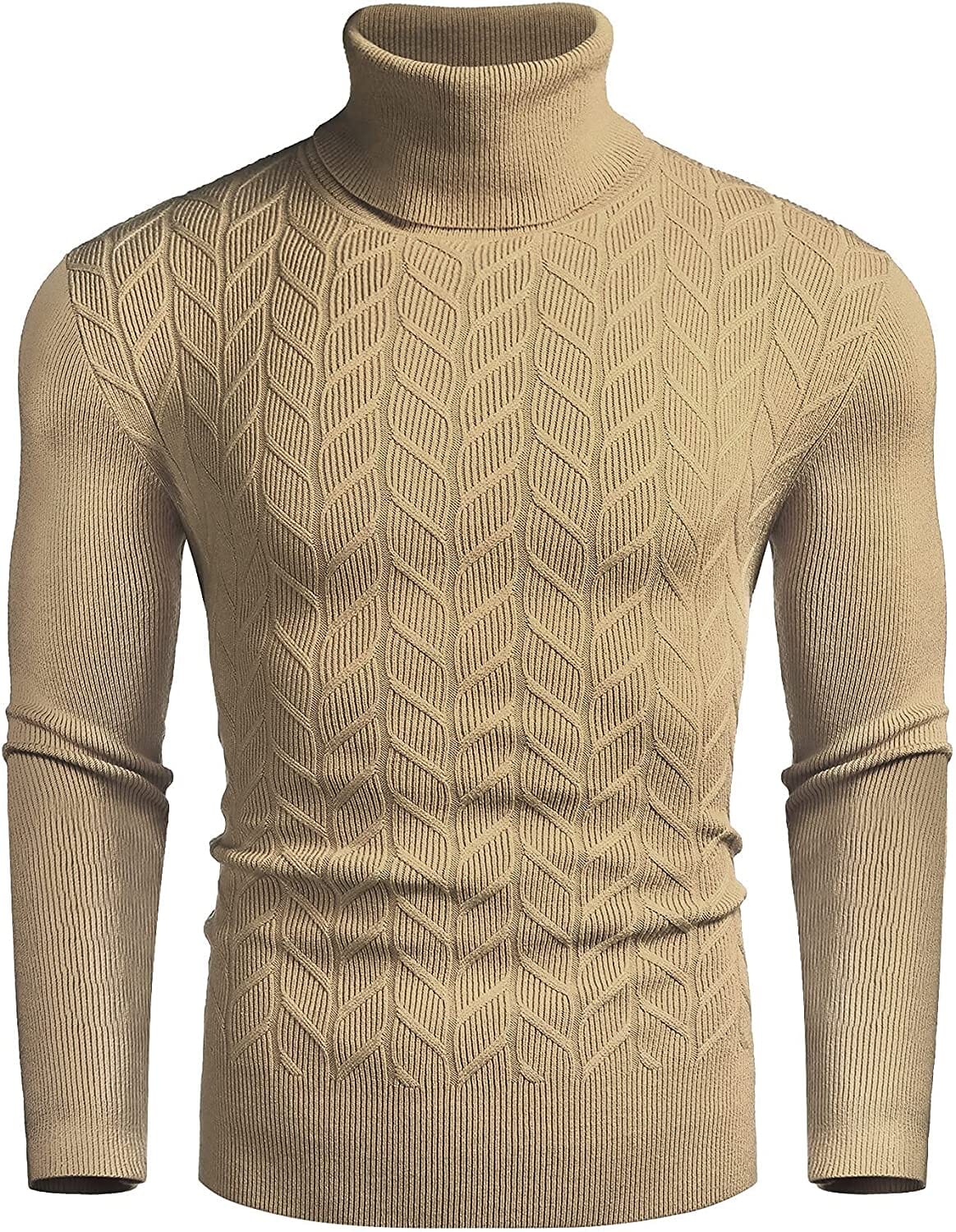 Slim Twist Pattern Turtleneck Knit Sweater (US Only) Sweaters COOFANDY Store Khaki S 