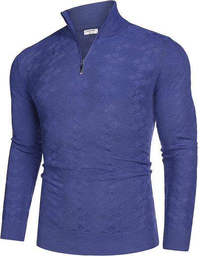 Quarter Zippper Mock Neck Pullover Sweater (US Only) Sweaters COOFANDY Store Blue S 