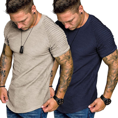 2 Packs Pleats Sleeve Muscle Gym Tee (US Only) T-Shirt COOFANDY Store Khaki/Navy Blue S 