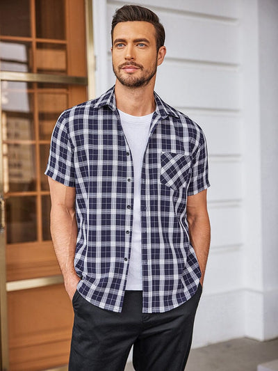 Casual Short Sleeve Plaid Shirt (US Only) Shirts coofandystore Navy Blue M 