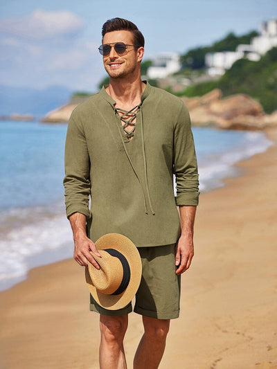 Cotton 2 Pieces Henley Shirt Set (US Only) Sets coofandystore Army Green S 