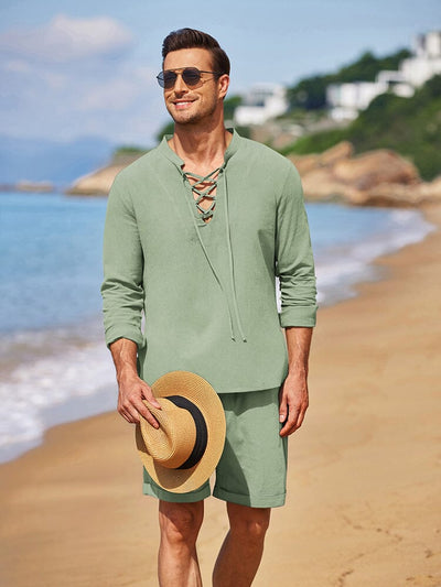 Cotton 2 Pieces Henley Shirt Set (US Only) Sets coofandystore Light Green S 