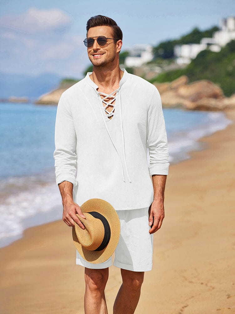 Cotton 2 Pieces Henley Shirt Set (US Only) Sets coofandystore White S 