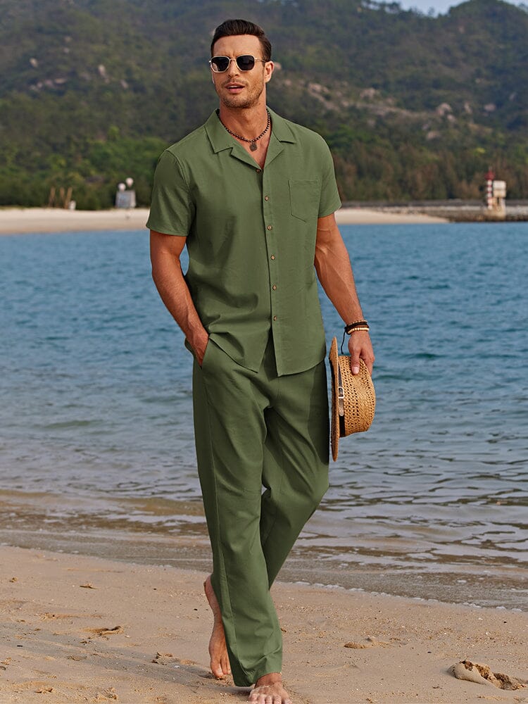 Casual Linen Style Beach Shirt Sets (US Only) Sets coofandystore Army Green S 