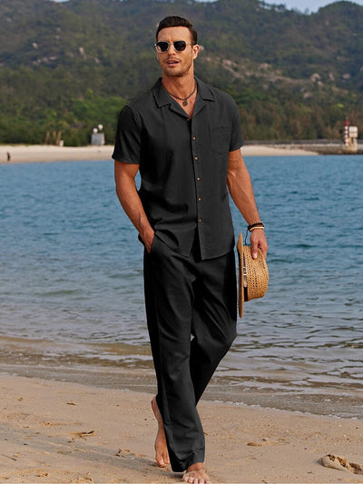 Casual Linen Style Beach Shirt Sets (US Only) Sets coofandystore Black S 