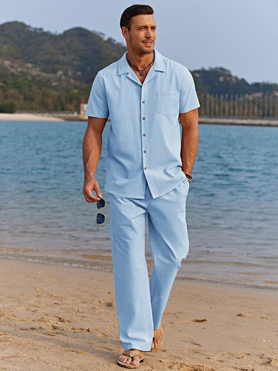 Casual Linen Style Beach Shirt Sets (US Only) Sets coofandystore Sky Blue S 