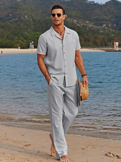 Casual Linen Style Beach Shirt Sets (US Only) Sets coofandystore Light Grey S 