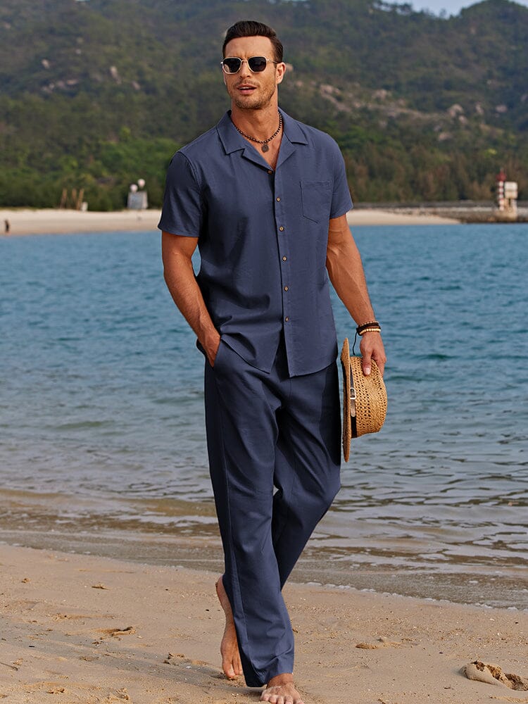 Casual Linen Style Beach Shirt Sets (US Only) Sets coofandystore Navy Blue S 