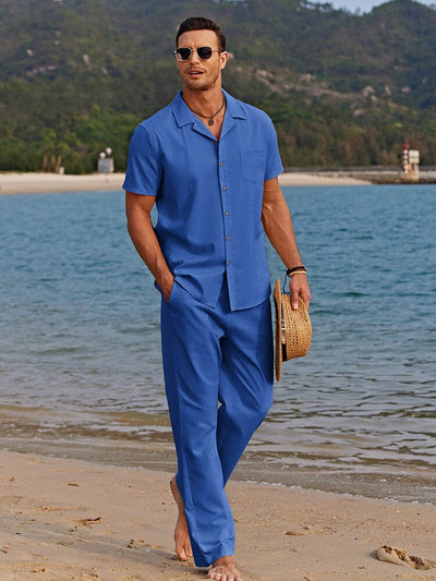 Casual Linen Style Beach Shirt Sets (US Only) Sets coofandystore Blue S 
