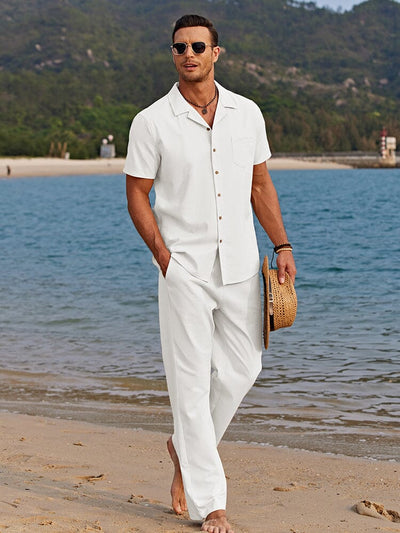 Buy COOFANDY All White Outfits for Men Hawaiian Shirt and Linen Pants Sets Casual  Beach Linen Sets Outfits 2 Piece at