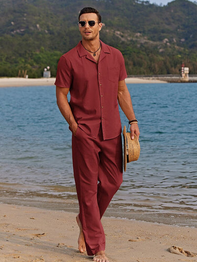 Casual Linen Style Beach Shirt Sets (US Only) Sets coofandystore Red S 